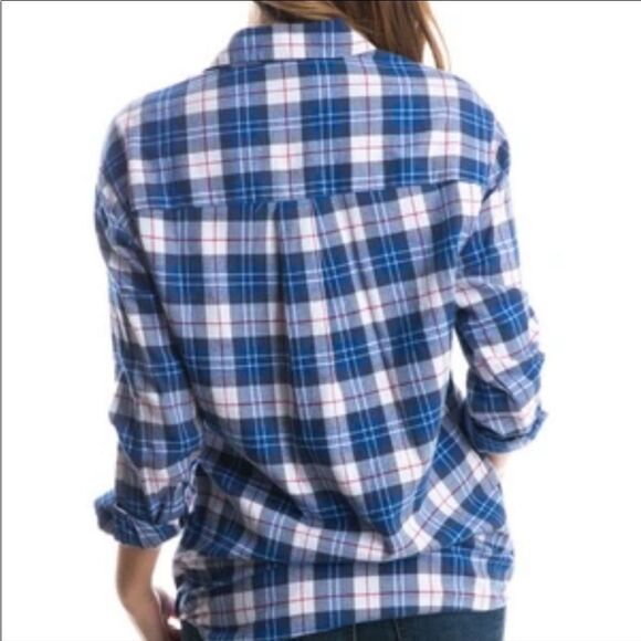Lauren James Blue Plaid Flannel Boyfriend Shirt Pockets - Picture 2 of 4
